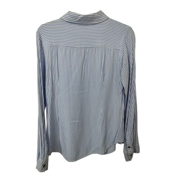 3231) Guess Blue White Stripe long Sleeve Button Down Gold Button Rayon Shirt L - Picture 3 of 8